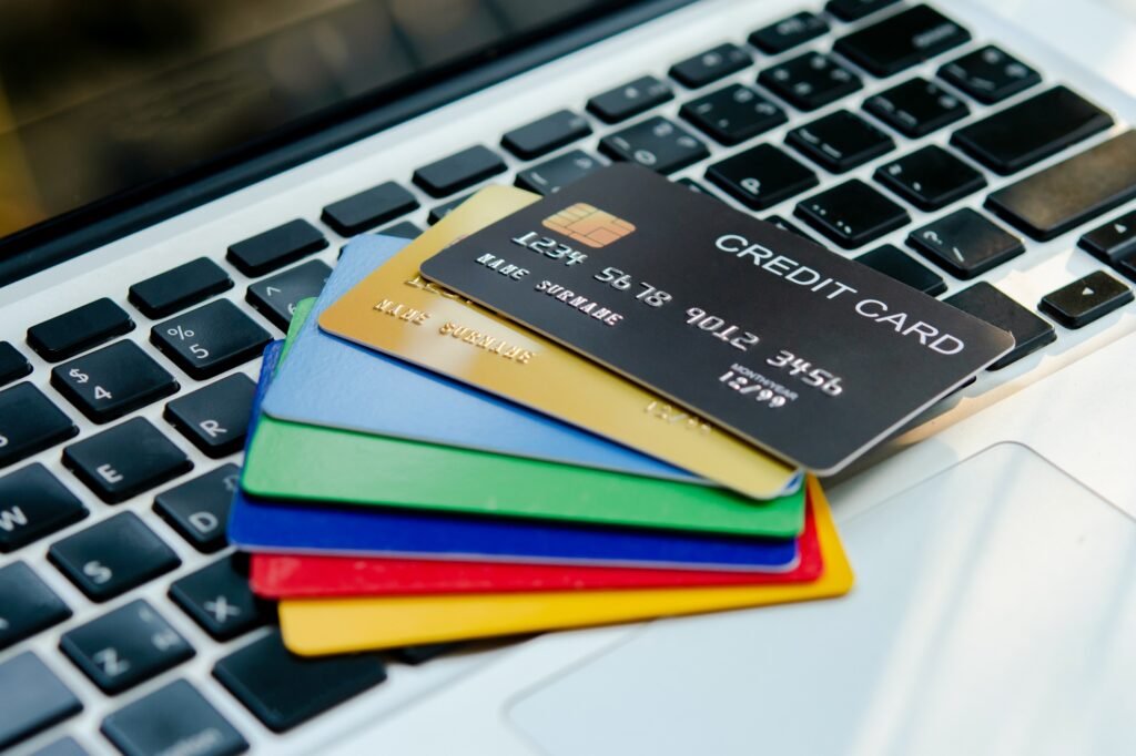 Credit card on laptop. Online payment online store with Credit card. online shopping